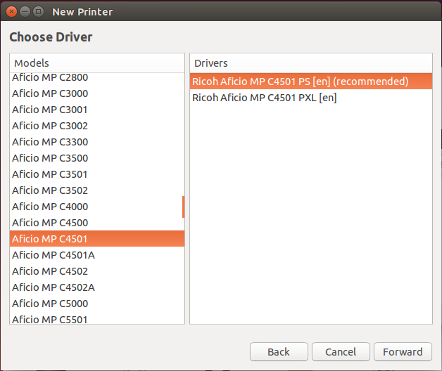 Ubuntu printer driver picker with model and driver highlighted
